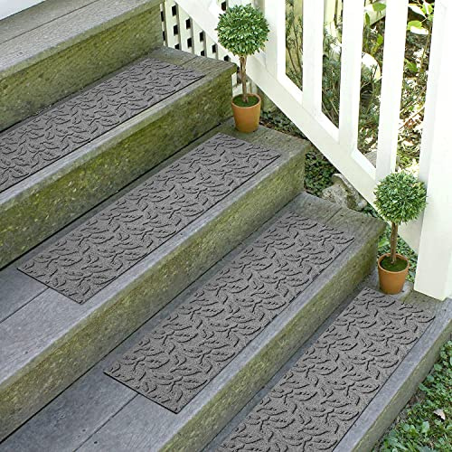 WaterHog Stair Treads, Set of 4, 8-1/2 x 30 inches, Made in USA, Durable and Decorative Floor Covering, Indoor/Outdoor, Water-Trapping, Dogwood Leaf Collection, Medium Grey