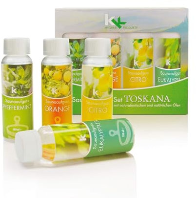 KK Saunaaufguss-Set Toskana - Made in Germany - 4 verschiedene Duftsorten in einem Set - Eukalyptus, Orange, Citrone, Pfefferminz - 100ml Flasche - in verschiedenen Varianten erhältlich