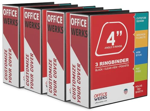 4 Inch Locking D-Ring View Binder, 3 Ring Heavy Duty (4 Pack) - Black