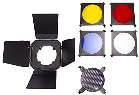 Flash Barndoor with 4 Color Gel Filters and Honeycomb Grid, Universal Strobe Monolight Light Barn door for Standard Reflector Photo Studio Photography