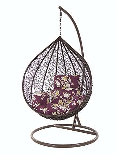 KIDEO Komplettset: großer Hängesessel mit Gestell & Kissen, XXL Größe, Korbsessel, Poly-Rattan, (Korb & Gestell: Dunkelbraun, Kissen: Blumenmuster Nest (3905_vino_Tinto))