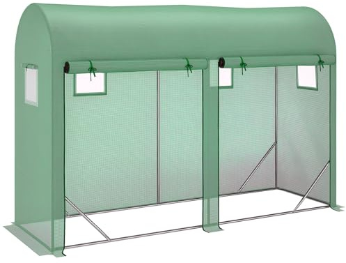Outsunny 10' x 3' x 7' Walk-in Lean-to Greenhouse, Steel, 4 Zipper Roll-up Windows & 2 Doors, UV Protecting PE Cover for Growing Flowers, Vegetables, Tropical Plants, Saplings, Succulents, Green