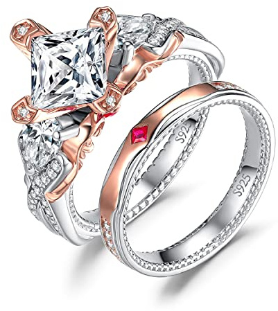 JewelryPalace Vintage Set Anillo de Compromiso Mujer con 1.5ct Circonita Corte Princesa, Corona Anillo Diamante Simulado Criss Cruz Oro Rosa Plata de Ley 925, Banda de Boda Apilable con Rubí Creado 9