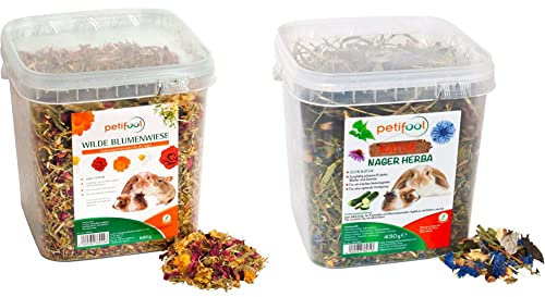 Petifool Wilde Blumenwiese 600g & Herba 430g - Ergänzungs- und Alleinfutter für Nager - Kaninchen, Meerschweinchen, Hamster, Chinchilla & Mehr - Ohne Künstliche Zusätze