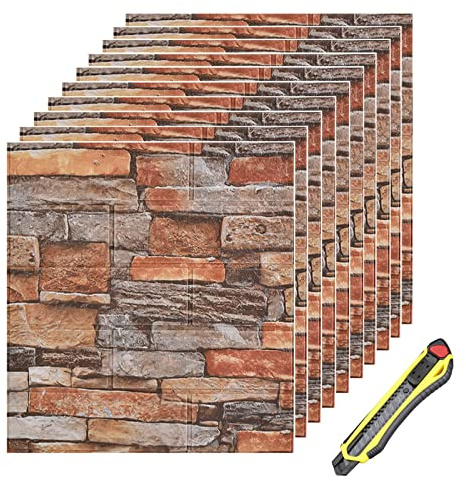 Hyesrtey 10 Stück 3D Wandpaneele 35x38.5cm Selbstklebend Küchenrückwand Ziegel Tapeten Steinoptik 4 mm Steintapete Wandaufkleber Wasserdicht Wandtapete für Küche Schlafzimmer (Rot)