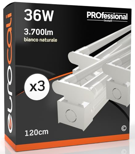 Eurocali 3 Plafoniere con 6 Tubi LED 18W 120cm T8 G13 con Starter 1850 Lumen Garanzia 6 Anni - Luce Naturale 4000K Alta Luminosità 102 lm/W - IP20 per Interno Soffitto Garage Negozio Abitazioni