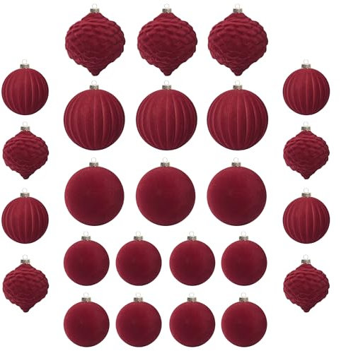 KI Store Lot de 25 Boules de Noël en Velours 6cm 8cm floqué incassables pour décorations de Sapin de Noël (Rouge)