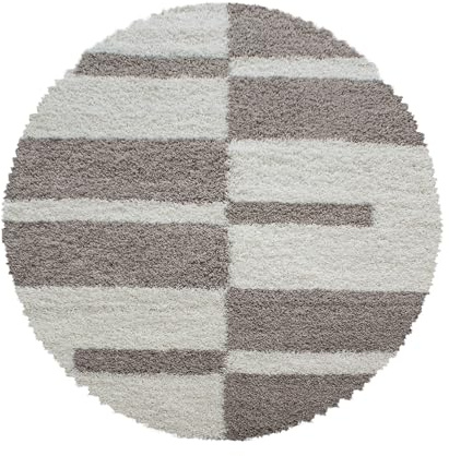 Carpettex Hochflor Teppich - Wohnzimmer Shaggy Flokati Modern Kariert Design 80 cm Rund Beige - Schlafzimmer Weich Flauschig Waschbar - Küche Esszimmer Langflor
