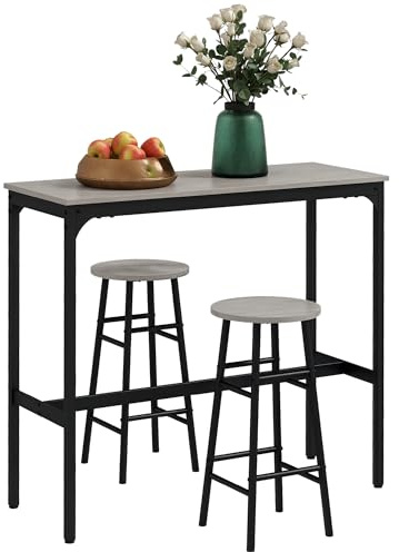 HOMCOM Table Set Juego de Mesa de Bar, Metal Madera de ingeniería, Gris y Negro