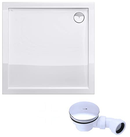 doporro Duschtasse Duschwanne 80x80x4 flach inkl. Ablaufgarnitur AL02 aus Acryl in Weiß DIN-Anschlüsse für bodenebene Montage geeignet Faro1