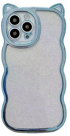 Cutecasee Compatible with iPhone 15 Pro Case for Women/Girls, Cute Cat Ears Luxury Plating Glitter Bling Back Curly Wave Anti-Scratch Shockproof Case for iPhone 15 Pro, Blue