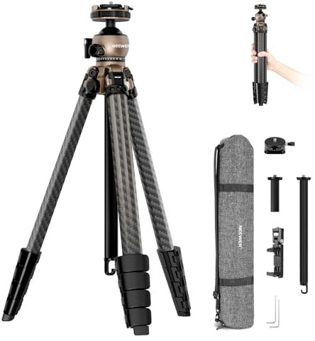 NEEWER LITETRIP LT35 155cm Carbon Stativ Reisestativ mit Pan Tilt Low Profile Kugelkopf Arca QR Platte kompatibel mit Peak Design Tripod Plate V3 Mittelachse 2in1 Handy Klemmen Handgriff Max Last 10kg