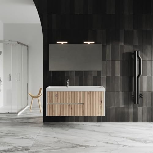 KIAMAMI VALENTINA - Möbelset für das Badezimmer in 120cm, geriffelt mit Eiche und Spiegel | Cortina