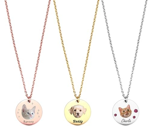 MeMeDIY Personalisierte Haustier Portrait-Halskette mit Eingraviertem Haustier Skizze/Farbfoto Personalisierte Hunde-Katzen-Halskette Geschenke für Haustiermütter - B1