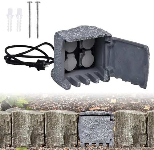 MAYTIIMO Gartensteckdose Steinoptik Außensteckdose Steinsteckdose Mehrfachsteckdose Garten-Steckdose Aussen mit 4 Schutzkontakt-Steckdosen, 3m Kabellänge und Erdspieß - IP44 Wasserdicht