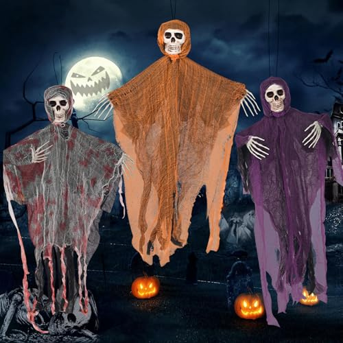Halloween Deko Outdoor, 3 Stück Hängende Sensenmänner mit Stützstangen und Bodennägeln, Halloween Deko Skelett für Innen Außen Party, Spukhaus