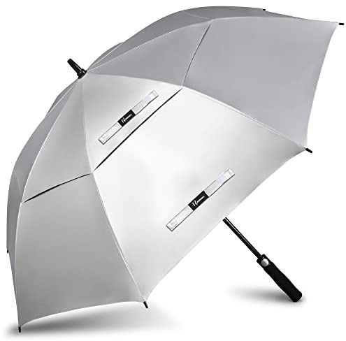 NINEMAX Grand Parapluie Soleil Anti UV, Parapluies Golf Grande Taille Tempête, Ombrelle Solide Anti Vent Résistant Incassable pour Homme Femme 2 Personnes (Argent/Noir)