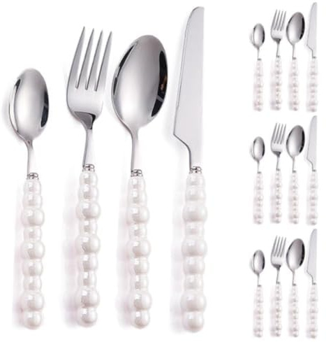 Perle Céramique Poignée Cuisine en Acier Inoxydable Argenterie Vaisselle Couverts Ensemble Créatif Hôtel Maison Steak Couteau Dessert Cuillère (Blanc,16 pièces)
