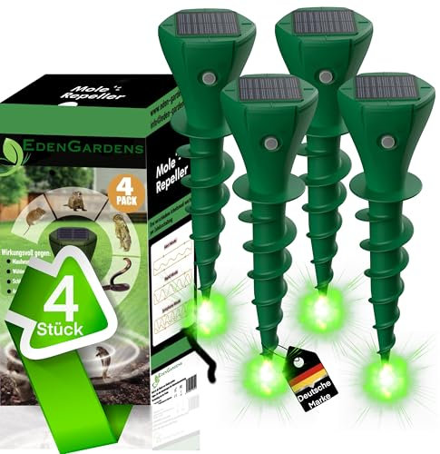 EdenGardens® 4er Pack 'MOLE Repeller' Maulwurf Vertreiber bestes Mittel gegen Wühlmäuse & Maulwurf - Maulwurfschreck Solar Testsieger Beste Maulwurfabwehr OHNE Karbid gegen Maulwürfe