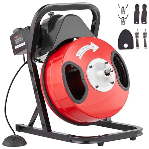 VEVOR Déboucheur Électrique de Canalisation 12 m x 1,27 cm Machine de Nettoyage de Tuyaux Alimentation Manuelle Nettoyeur de Tubes Drain avec 4 Coupeurs, Commande à Pied par Air pour Tuyaux 5-10 cm