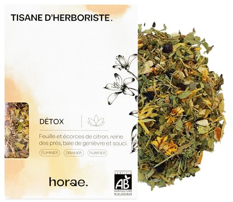 Horae - Tisane détox bio vrac - Infusion de feuilles et écorces de citron, reine des près, baie de genièvre et souci - Tisane bien-être pour élimer, drainer, purifier - Tisane produite en France