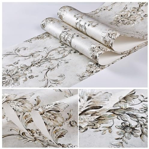 Tapete Selbstklebend Blumen Vintage Grün/weiß/beige Retro Wandaufkleber Vliestapete Peel and Stick Wallpaper Floral Wandpapier for Glatte Wand Wohnzimmer Schlafzimmer und Büro(9,53x300cm/20.8x118in)
