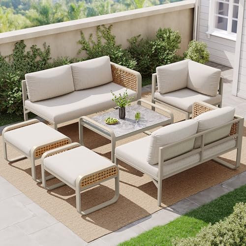 KecDuey Gartenlounge-Set,Gartenmöbel-Set, Rattan-Möbel-Set für 6-7 Personen, Ecksofa mit verzinktem Eisengestell, verstellbare Beine, inklusive Aller Sitz- und Rückenkissen (Beige)