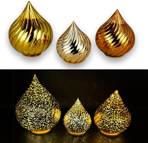 3er Set Glastropfen mit LED-Lichterkette, Funkeleffekt, 6-Stunden Timer und PUNKTEN - Stimmungslicht (Gelbgold)