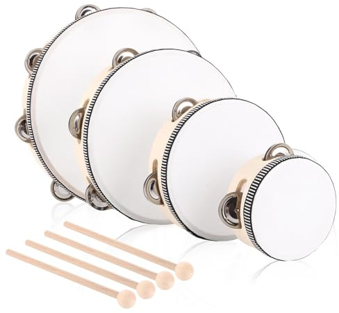 MIVIDE 4-Teilig Handtrommel mit Schlägel, Holz Tambourin, Handtrommel Set für Party, Leistungen(4zoll, 6zoll, 8zoll und 10zoll)