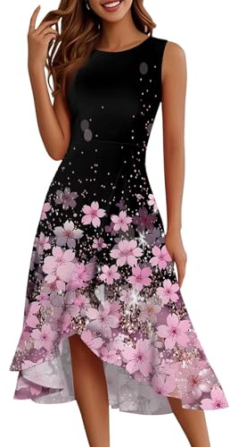 Kleider Damen Sommer Bohemian Kleid Elegant Damen Festlich Blumen Volant-Kleid Empirestil Skaterkleid Ärmelloses Volantkleider A-Linien High Waist Tailliert Blumenkleid Kurzarm Schwingen
