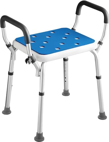 Duschpall för seniorer duschpall med armstöd, duschpall justerbar höjd med halkfri fot, pall för dusch för seniorer äldre, gravida kvinnor, funktionshindrade, vuxna upp till 150 kg