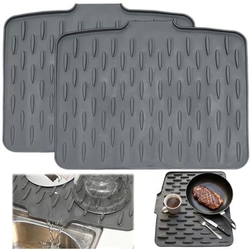 2 Pcs 40x32CM Silicone Draining Mat,No-Spill Heat Resistant Draining Board Mats,Sloped Silicone Worktop Saver Folding Drying Mat for Dishes,Fruit,Kitchen Counter,Sink