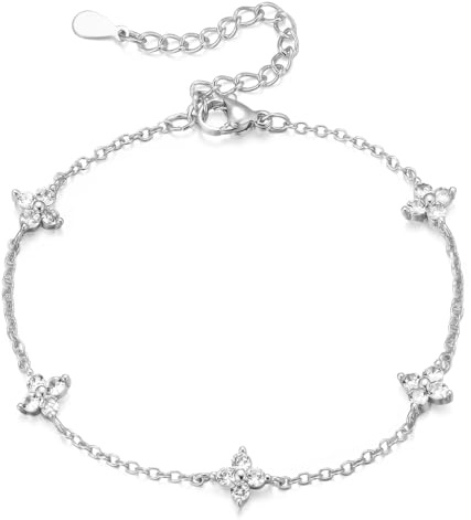 Emibele Silber Armband Für Damen Kupfer Vierblattschmuck Armband Mit Zirkonia Nicht Anlaufend Verstellbar Krebsverschluss Handkette Zarte Blume Charm Schmuck Geschenk Für Frauen, Silber