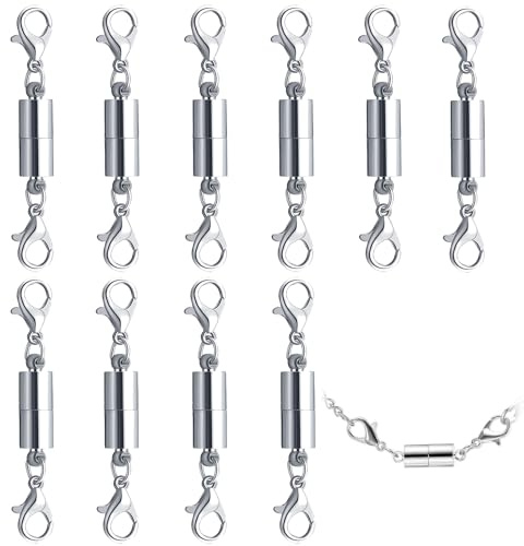 Magnetic Necklace Clasps 10 Pcs, Bracelet Closures with Double Lobster Clasp Necklaces Fasteners Chain Clasps Connector Necklace Extender for Anklets Jewelry Making (Silver)