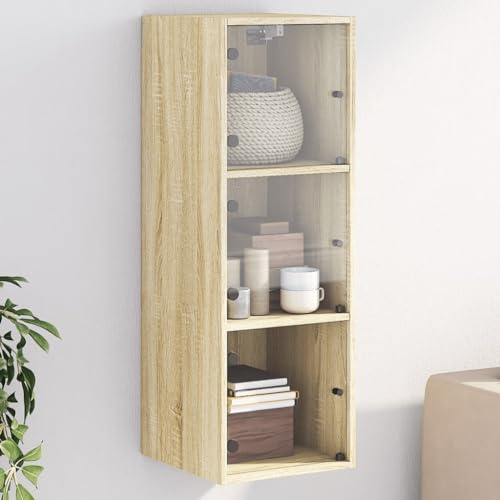 Frdhee Armoire de ménage multi-usages avec portes en verre chêne 35 x 37 x 100 cm - Armoire de rangement pour documents, dossiers et accessoires de bureau - Installation rapide