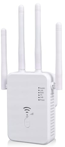 Ripetitore WiFi, Amplificatore WLAN di Segnale Extender per Casa con 4 | Antenne Ad Alto Guadagno, Dual Band 5GHz e 2.4GHz, Wifi Extender Potente con Plug & Play LAN WAN Porta, Bianco