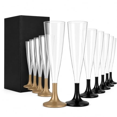 KORAT 48 Flute Champagne Riutilizzabili 120 ml | 24 Oro + 24 Neri | Plastica Rigida Lavabile in Lavastoviglie | Per Matrimoni, Cerimonie, Eventi e Feste