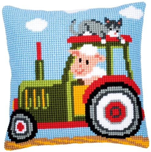 Vervaco Kreuzstich Stickpackungen Kissen Stickerei Set Anfänger Vorgedruckt Traktor DIY Set Kreativ Set Für Erwachsene Dekoratives Kissen ca. 40 x 40 cm Bastelset Handwerker Haus Dekoration