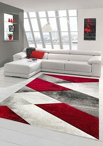 Teppich modern Teppich Wohnzimmer abstrakt geometrisches Muster in rot grau Größe 80x150 cm