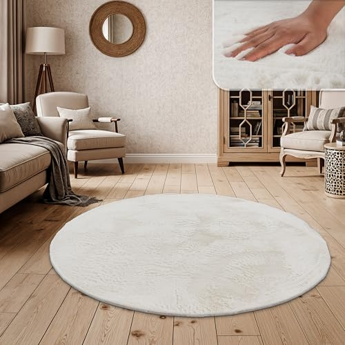 Paco Home Hochflor Teppich Wohnzimmer Schlafzimmer Shaggy Modern Flauschiger Fellteppich Weich Fell Imitat Kunstfell Einfarbig, Grösse:200 cm Rund, Farbe:Creme