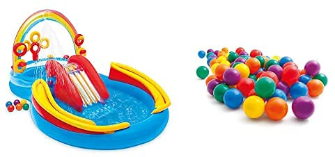 Intex 57453Np Centro Juegos Hinchable Arcoiris 297 X 193 X 135 Cm, 206 Y 175 litros + 49602Np Pack 100 Bolas Multicolor De 6,5 Cm Diámetro, Color/Modelo Surtido