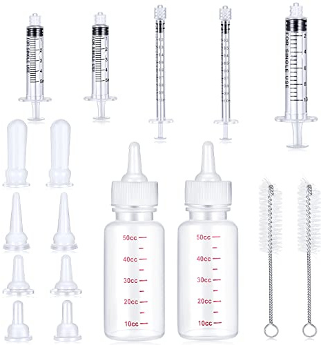 17 Pieces Pet Feeding Bottle Kit Including 2 Pet Nursing Bottle, 8 Replacement Pet Feeding Nipples, 5 Dog Nursing Syringes in 1 ml, 5 ml and 10 ml, 2 Cleaning Brushes for Kittens, Puppies, Rabbits
