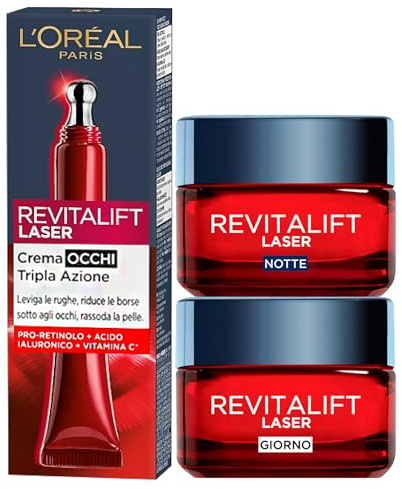 L'Oréal Paris Revitalift Laser Kit mit Gesichtsbehandlung, Anti-Aging Nachtcreme + Dreifache Anti-Falten-Wirkung mit Pro-Retinol + straffende Tagescreme mit Hyaluronsäure und Vitamin C