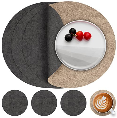 Myir JUN Tischsets Abwaschbar Leder und Untersetzer, Doppelseitigen Platzset Rund Ø 36cm 4er Set rutschfest Glasuntersetzer Platzdeckchen Kunstleder (Grau Beige)