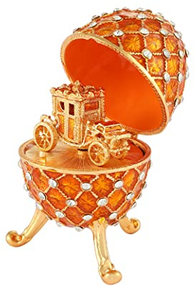 QIFU Vintage Golden Easter Egg Style Enamel Trinket Box with Mini Carriage(QF5291)