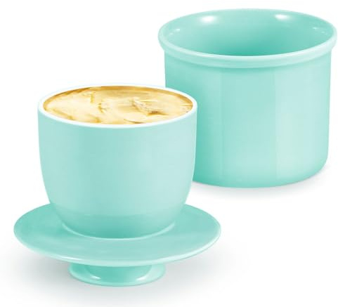 Flexzion Mantequera de porcelana para mantequilla, mantequillera francesa con tapa, soporte de mantequilla sellado con agua dulce y suave para mesa, colección retro, decoración de granja (azul)