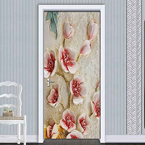 CBWRAW 3D Türaufkleber Rote Blume Abnehmbare PVC Selbstklebende wasserdichte Wandbild Art Decals Poster Tapete Für Wohnzimmer Küche Schlafzimmer Kinderzimmer Dekoration 90x200cm