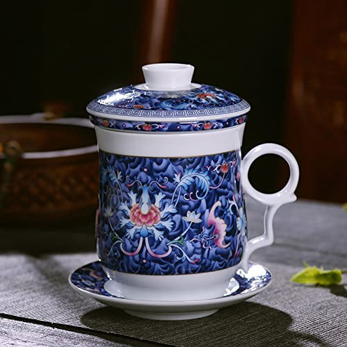 yesTGE Tazza da tè Tazza con Filtro in Ceramica con Coperchio, Tazza da tè Regalo in Quattro Pezzi Jingdezhen, Servizio da tè in Porcellana Blu e Bianca, Fiore di Loto