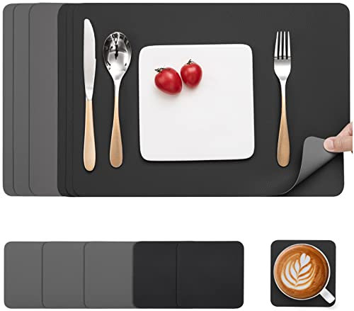 Myir JUN Tischsets Abwaschbar und Untersetzer, Platzset Leder Platzdeckchen Abwaschbar Doppelseitigen Tischsets Umkehrbares Tischset rutschfest Tischset Lederoptik (Grau Schwarz, Satz von 6)