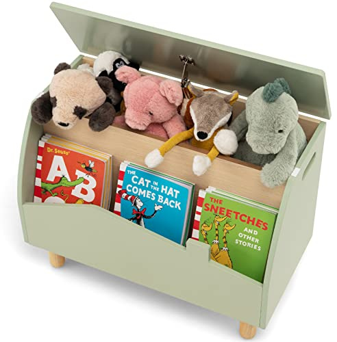 DREAMADE Coffres à Jouets Enfants 60X30X44CM à 2 Compartiments avec Pieds de Pin, Meuble de Rangement avec Poignée et Charnière de Sécurité pour Chambre d'enfants,Salle de Jeux (Vert)